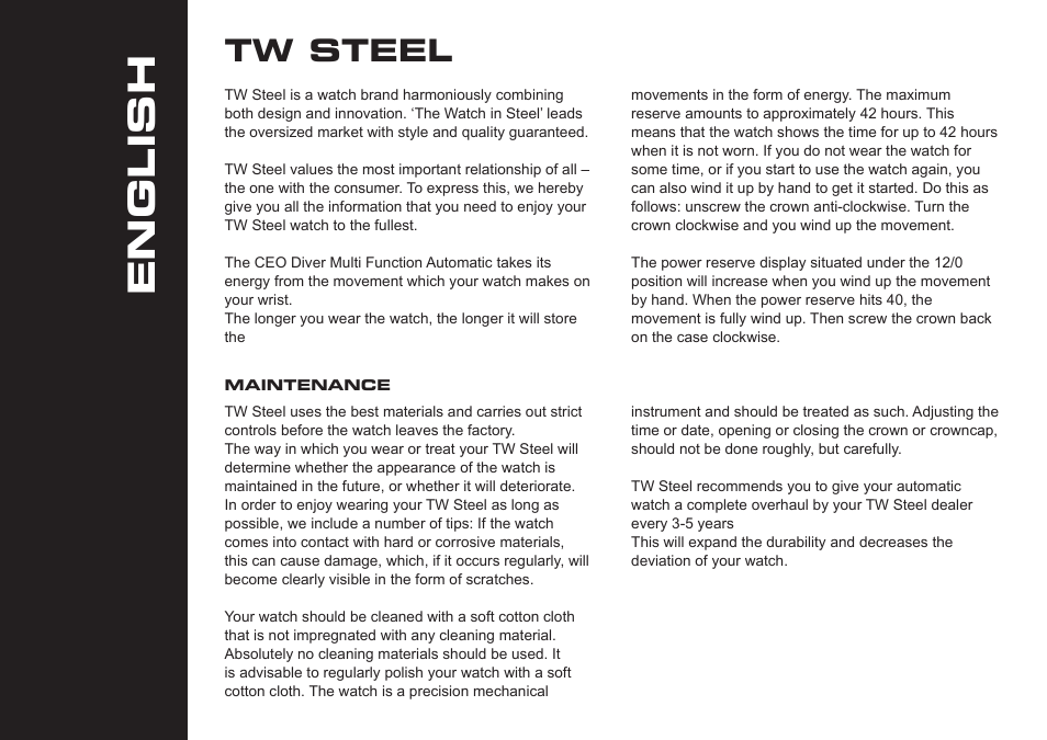 English, Tw steel | TW Steel CEO Diver Automatic User Manual | Page 2 / 17