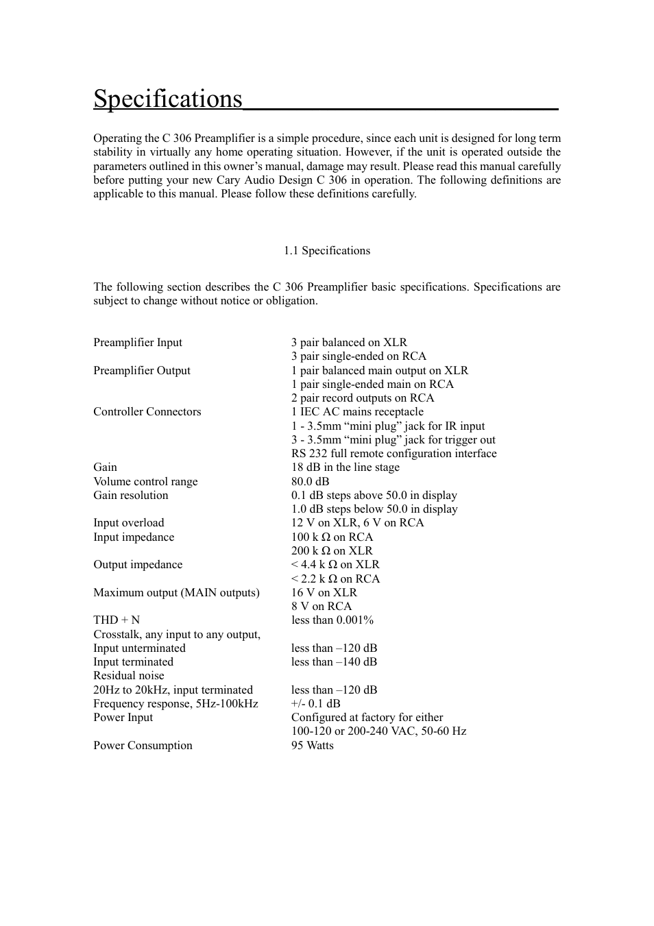 Specifications | Cary Audio Design C 306 User Manual | Page 12 / 20