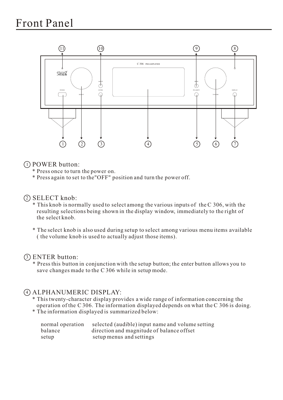 Front panel, Power button, Select knob | Enter button, Alphanumeric display | Cary Audio Design C 306 User Manual | Page 6 / 20