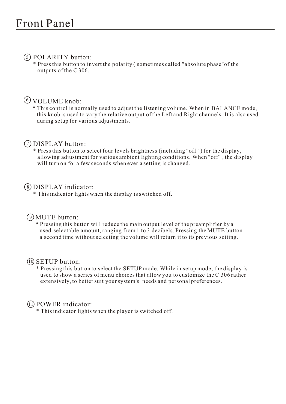 Front panel | Cary Audio Design C 306 User Manual | Page 7 / 20