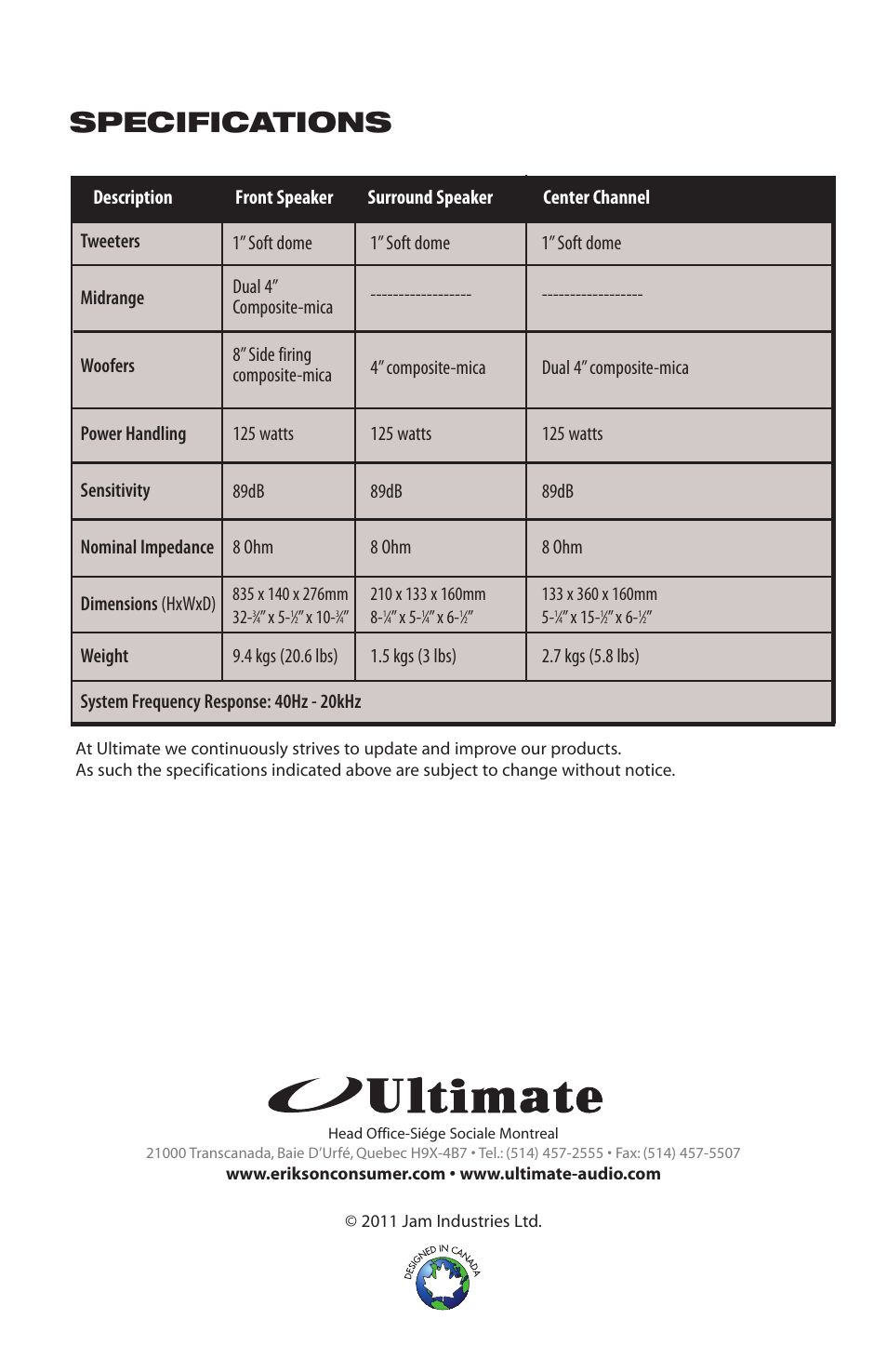 Specifications | Ultimate-sound Movie System User Manual | Page 4 / 4