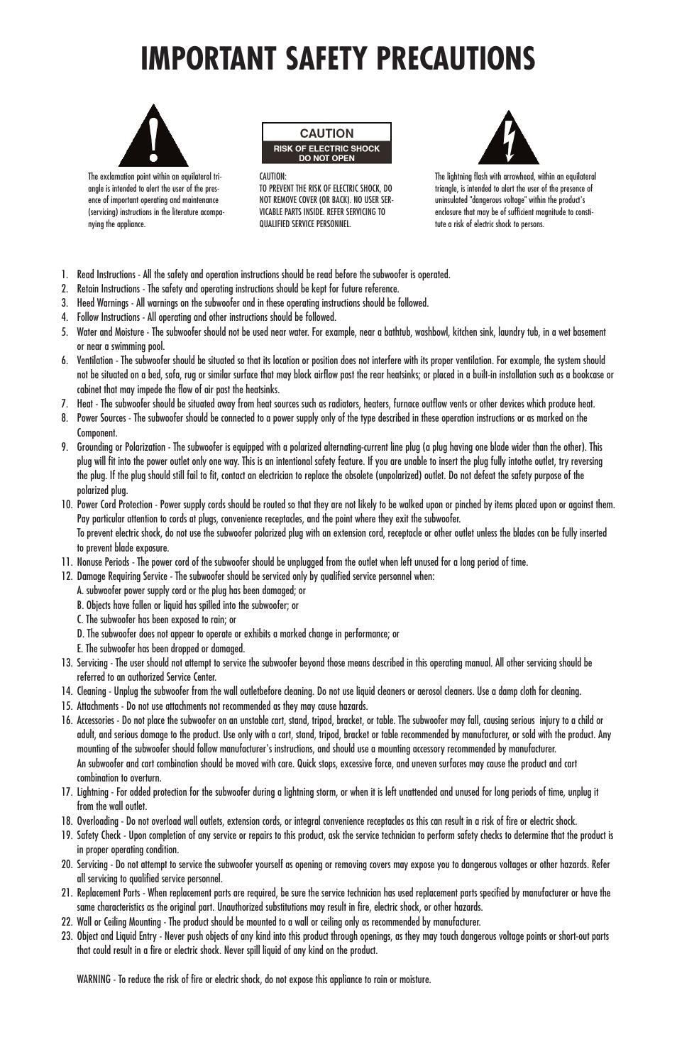 Important safety precautions | Ultimate-sound Power Sub User Manual | Page 2 / 6