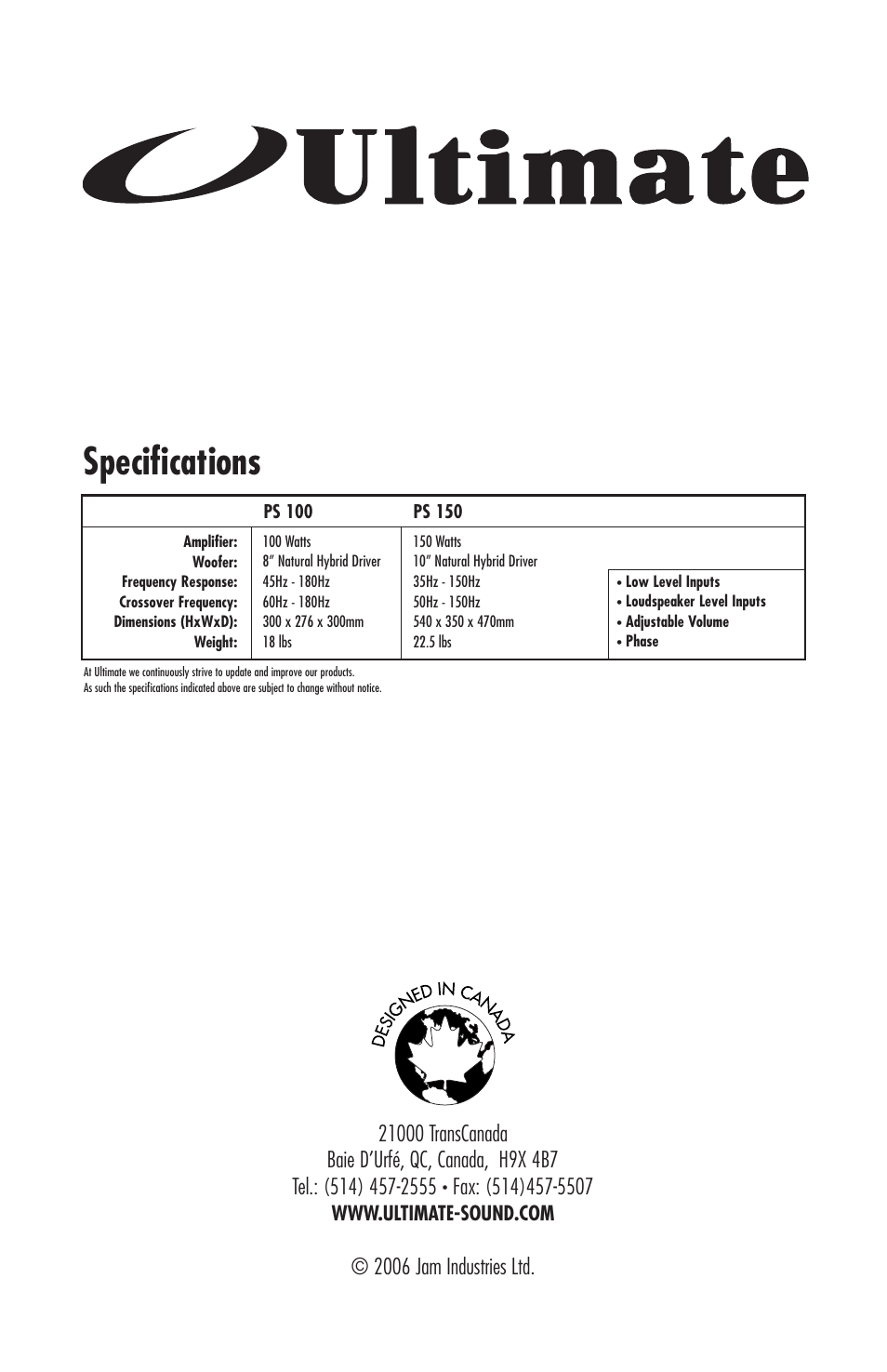 Specifications, 2006 jam industries ltd | Ultimate-sound Power Sub User Manual | Page 6 / 6