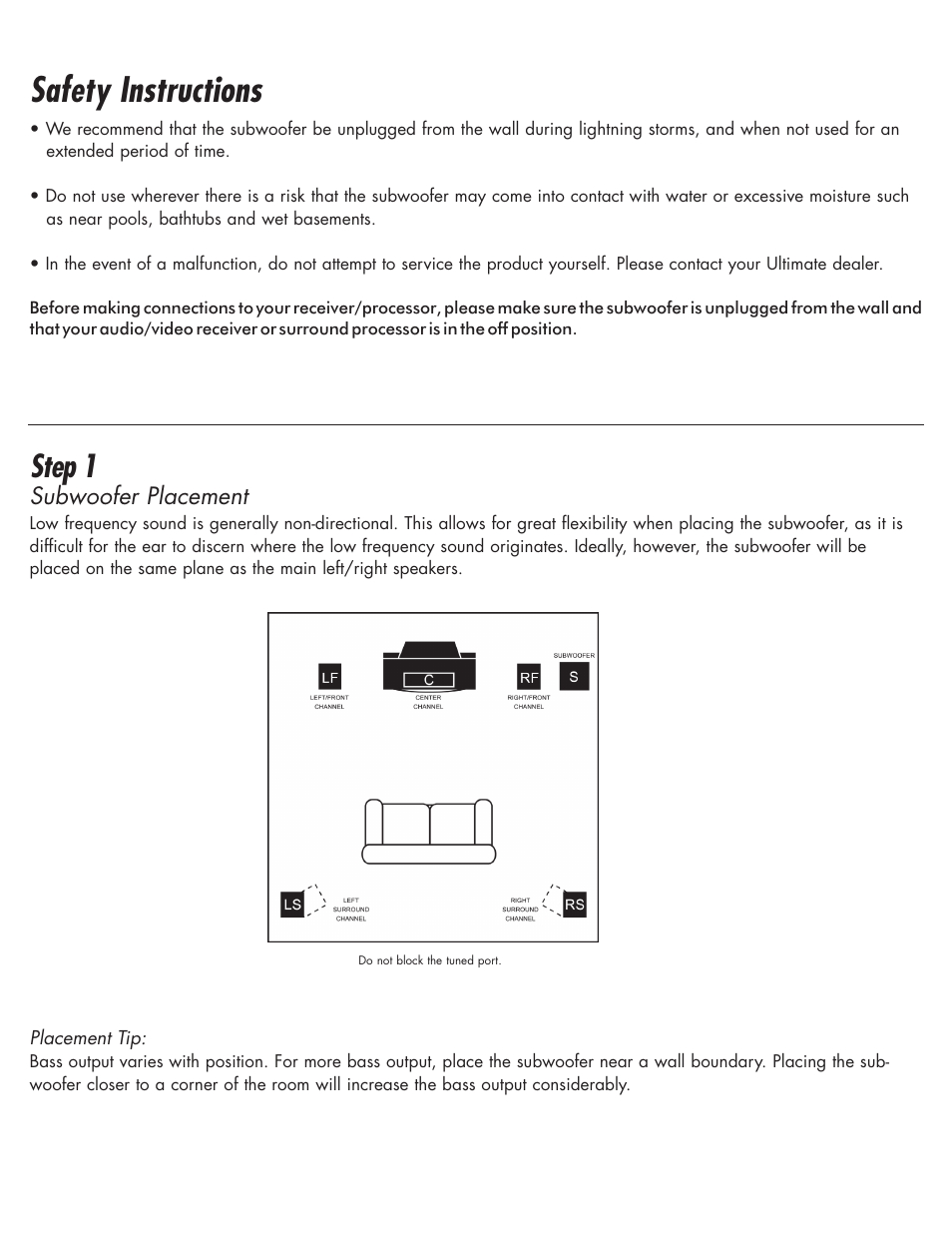 Safety instructions, Step 1, Subwoofer placement | Ultimate-sound Korus MKII Sub User Manual | Page 2 / 5