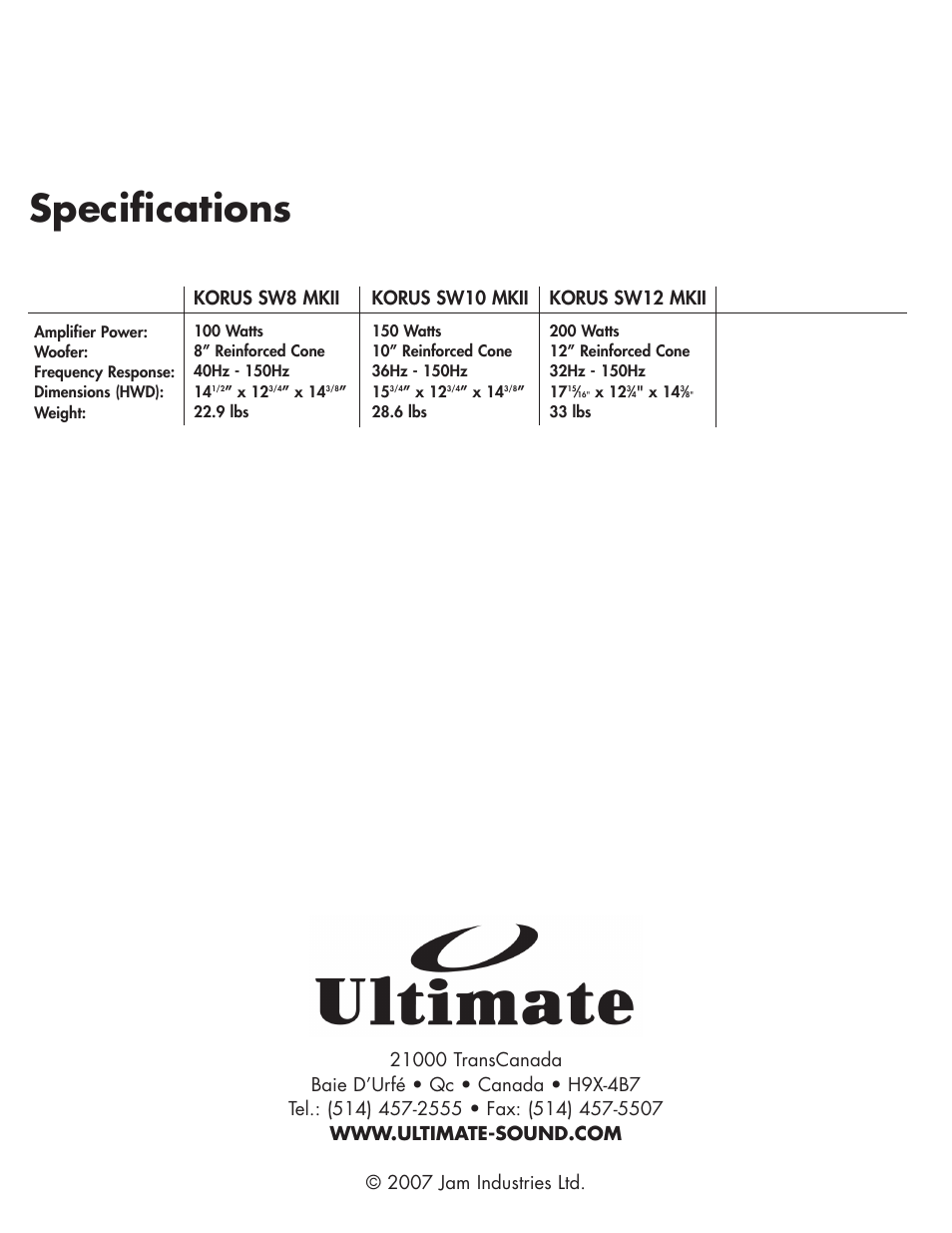 Specifications, Korus sw8 mkii, Korus sw10 mkii | Korus sw12 mkii | Ultimate-sound Korus MKII Sub User Manual | Page 5 / 5