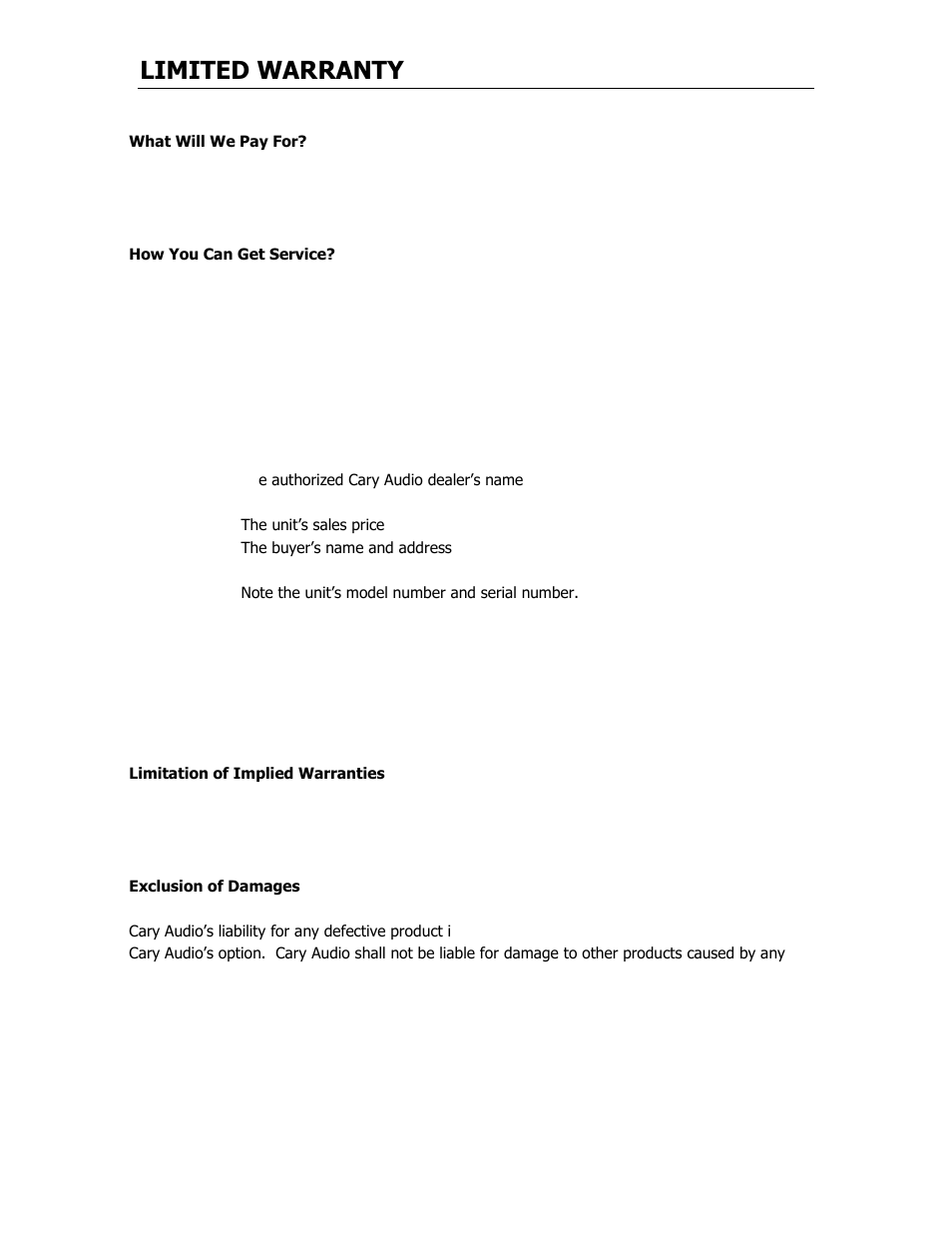 Limited warranty | Cary Audio Design SLI-80 User Manual | Page 16 / 18