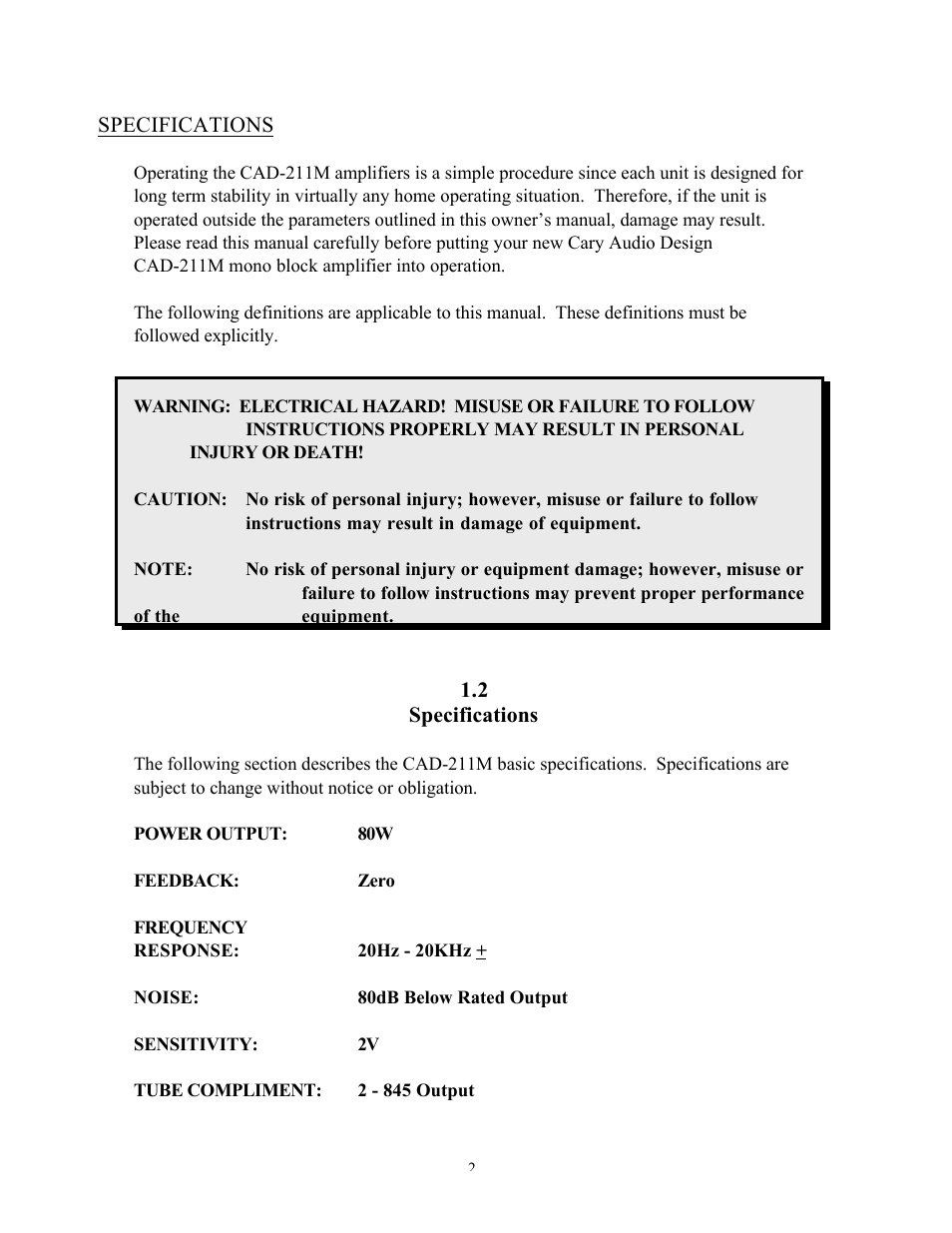 Cary Audio Design CAD-211M User Manual | Page 2 / 8