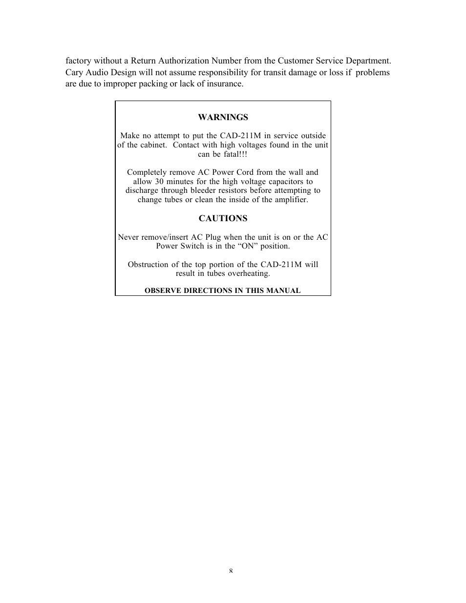 Cary Audio Design CAD-211M User Manual | Page 8 / 8