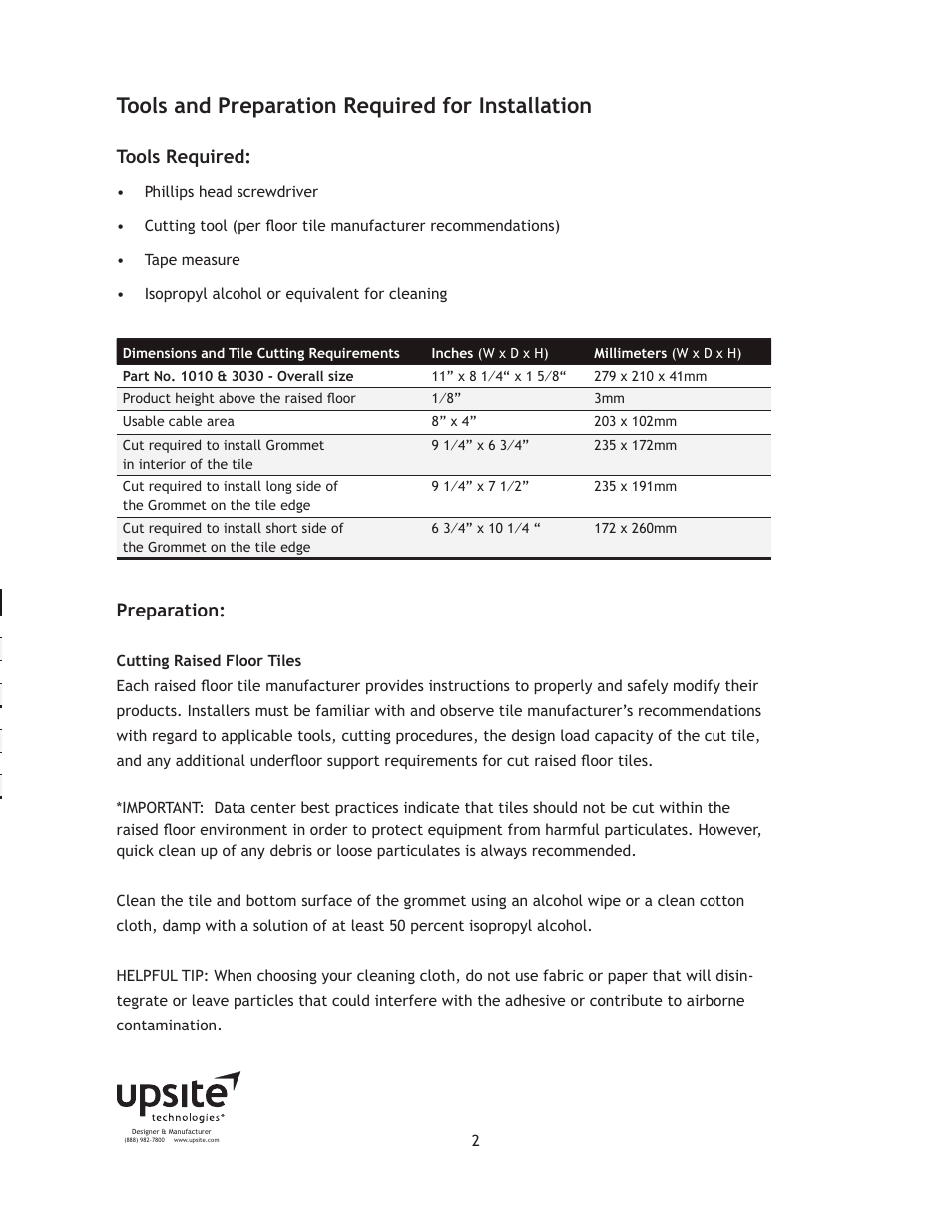 Tools and preparation required for installation, Tools required, Preparation | Upsite 1010 Integral Grommet User Manual | Page 2 / 6