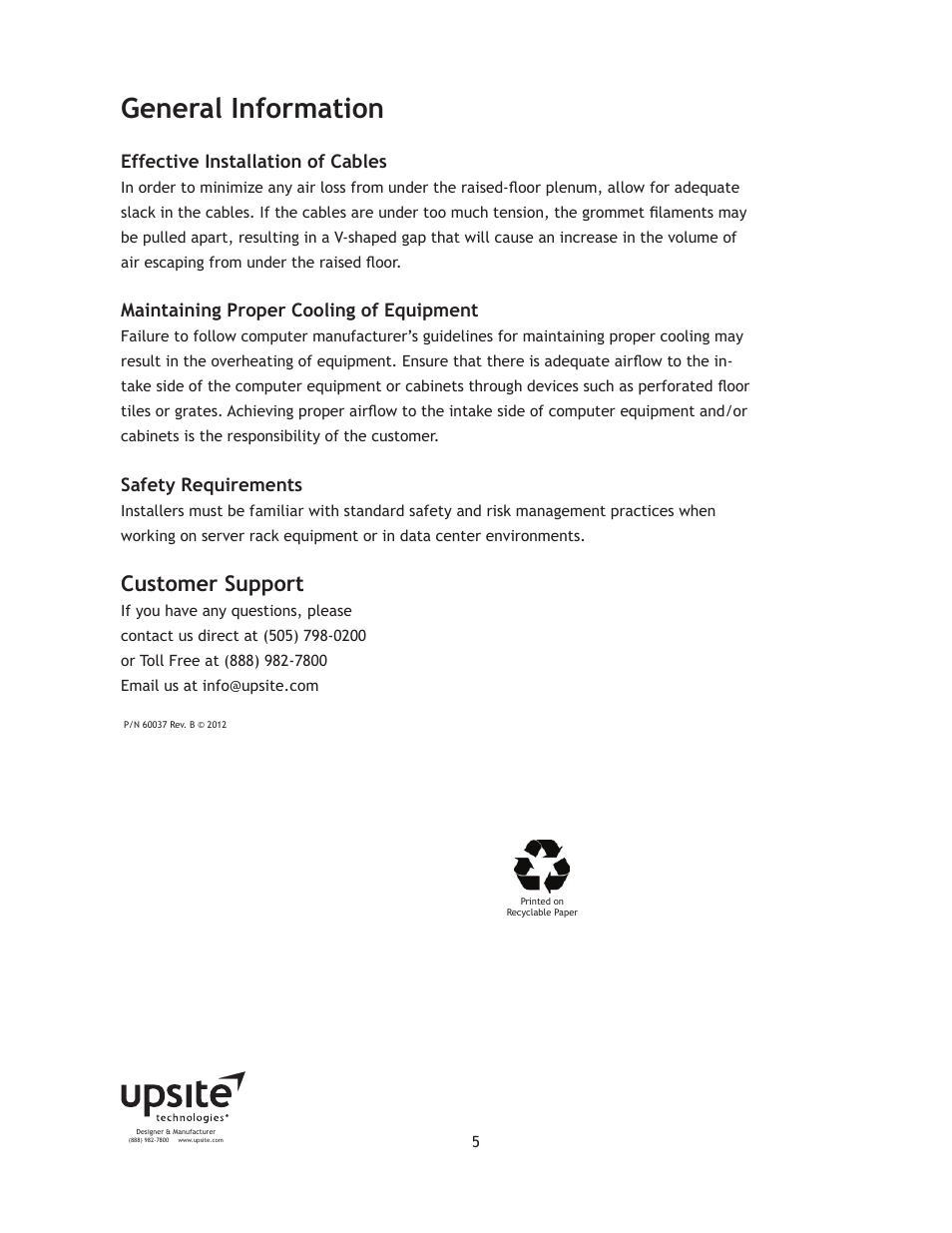 General information, Customer support | Upsite 1010 Integral Grommet User Manual | Page 5 / 6