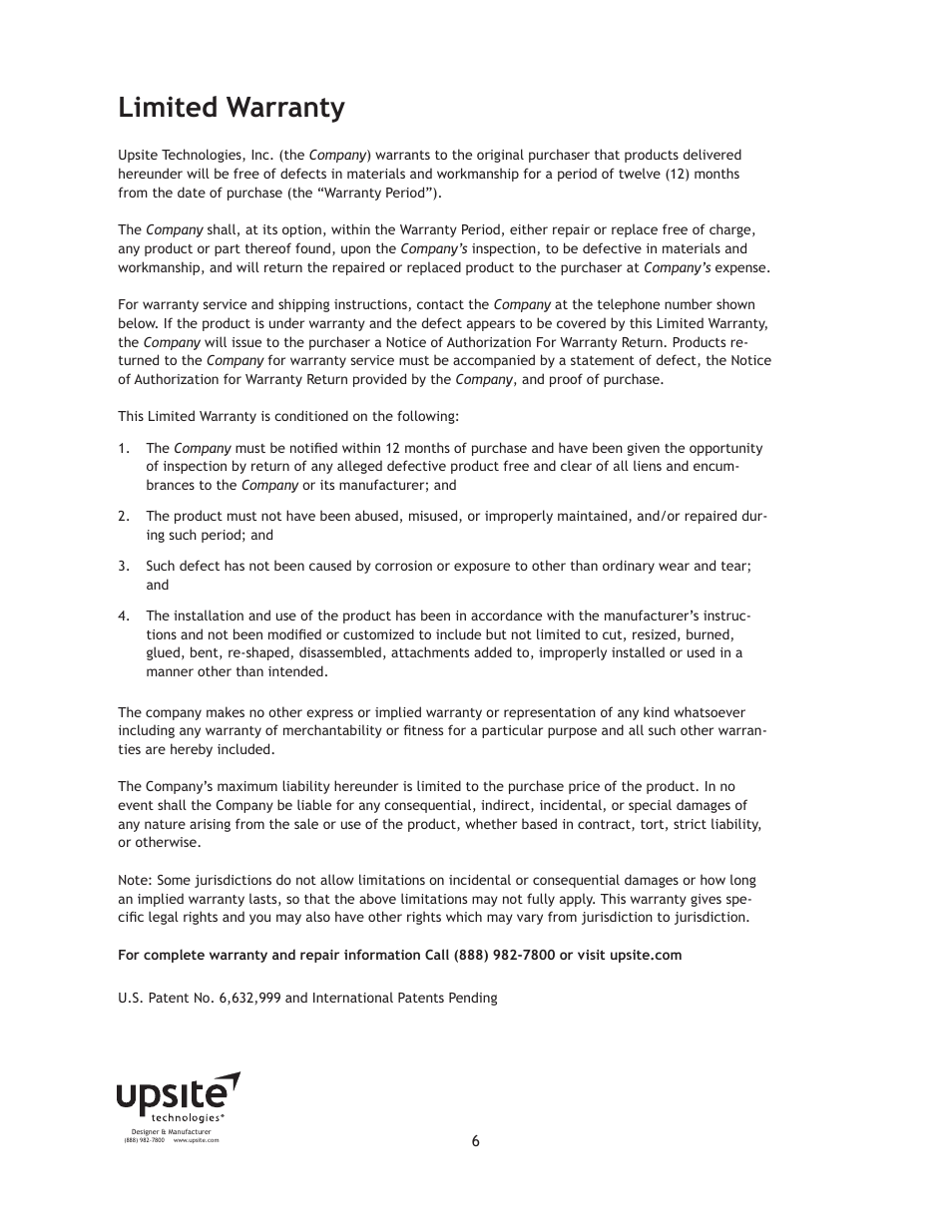 Limited warranty | Upsite 1010 Integral Grommet User Manual | Page 6 / 6