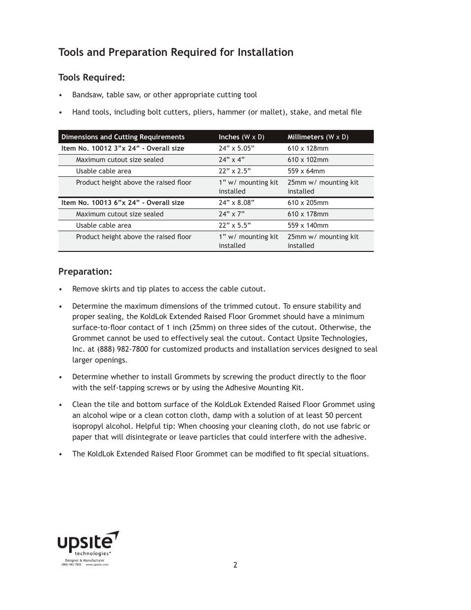 Tools and preparation required for installation, Tools required, Preparation | Upsite 10013 Extended 6 x 24 Brush User Manual | Page 2 / 7