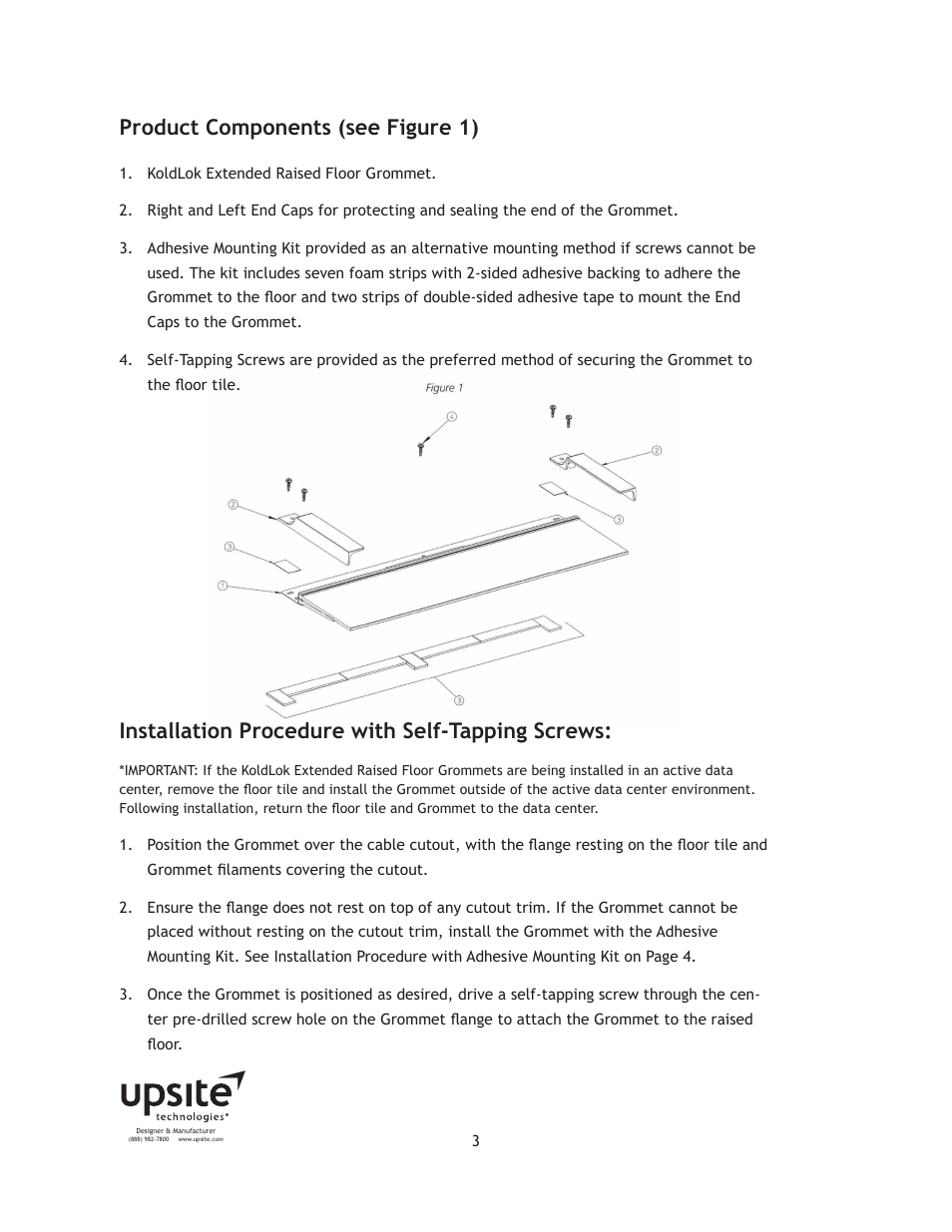 Product components (see figure 1), Installation procedure with self-tapping screws | Upsite 10013 Extended 6 x 24 Brush User Manual | Page 3 / 7