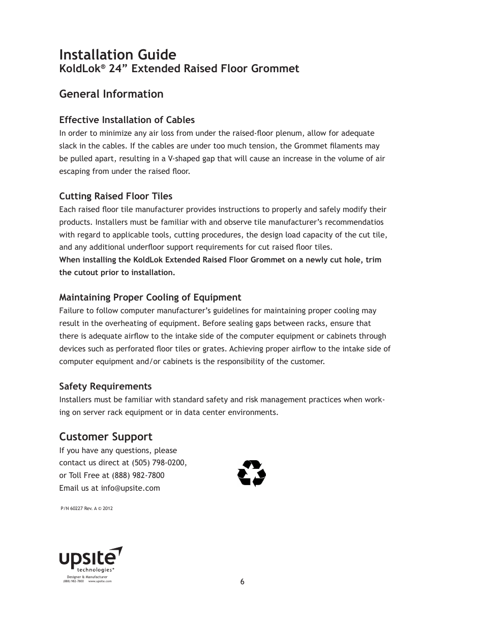Installation guide, Koldlok, Customer support | Upsite 10013 Extended 6 x 24 Brush User Manual | Page 6 / 7