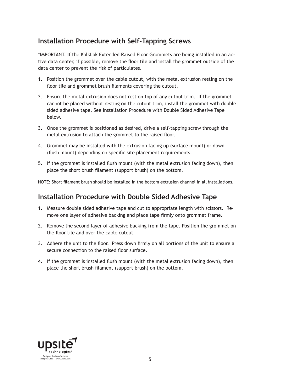 Installation procedure with self-tapping screws | Upsite 10098 Extended 6 x 60 Brush User Manual | Page 5 / 7