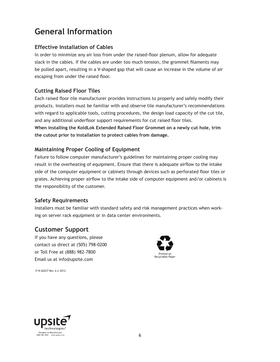 General information, Customer support | Upsite 10098 Extended 6 x 60 Brush User Manual | Page 6 / 7