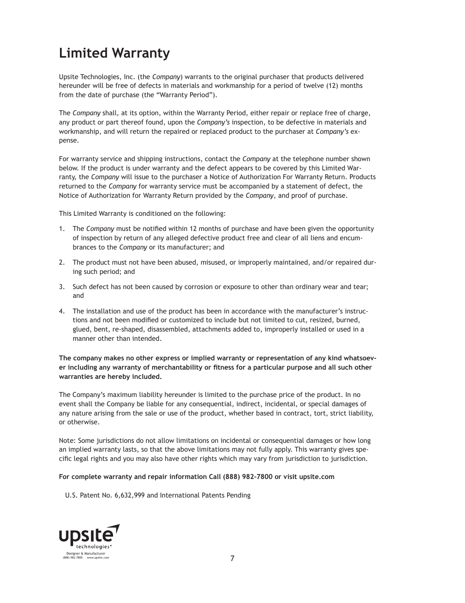 Limited warranty | Upsite 10098 Extended 6 x 60 Brush User Manual | Page 7 / 7