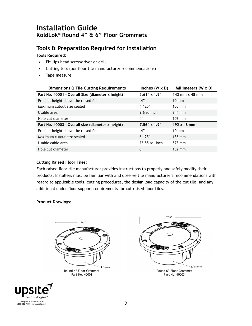 Installation guide, Koldlok | Upsite 40001 4 Round Grommet User Manual | Page 2 / 4