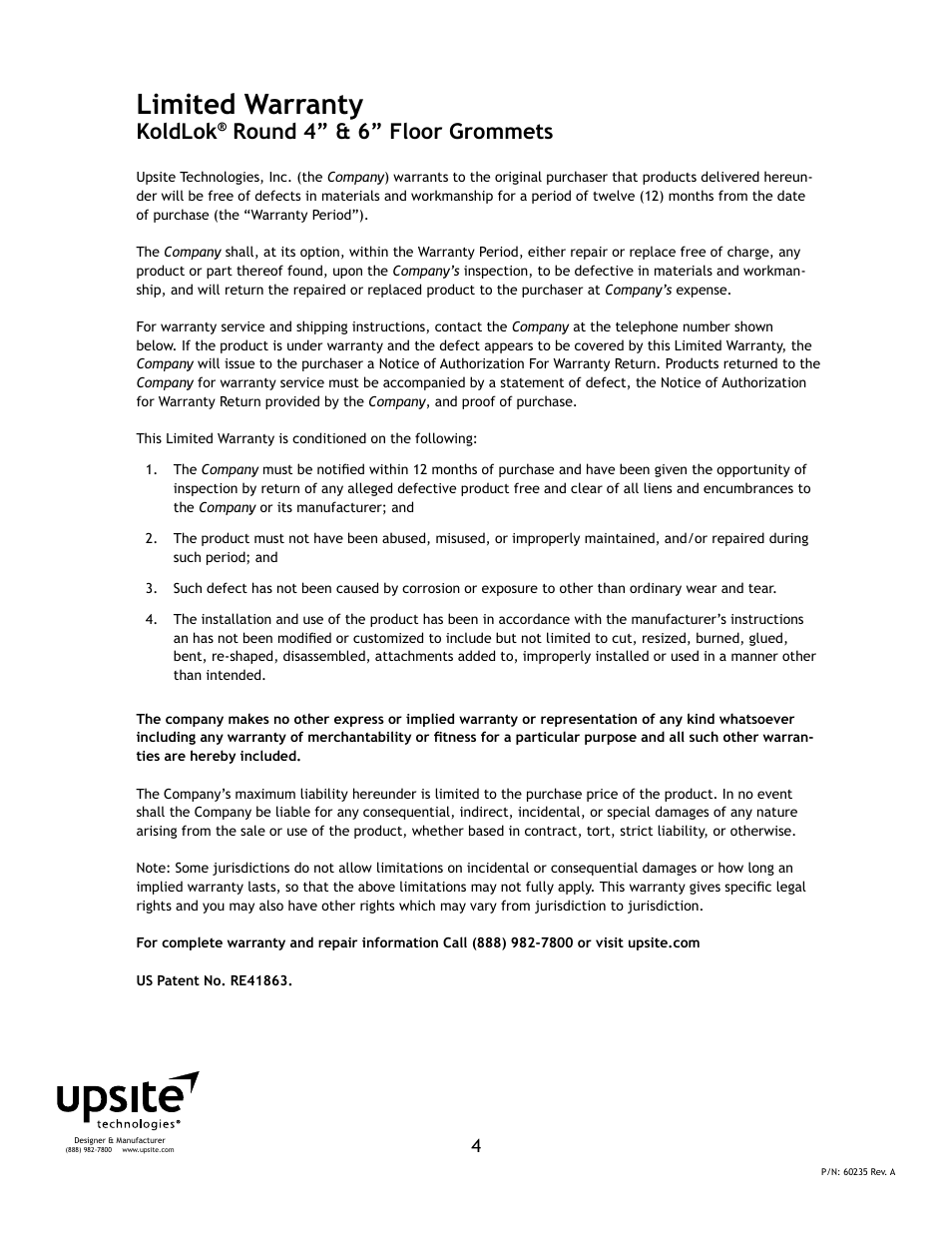 Limited warranty, Koldlok, Round 4” & 6” floor grommets | Upsite 40001 4 Round Grommet User Manual | Page 4 / 4