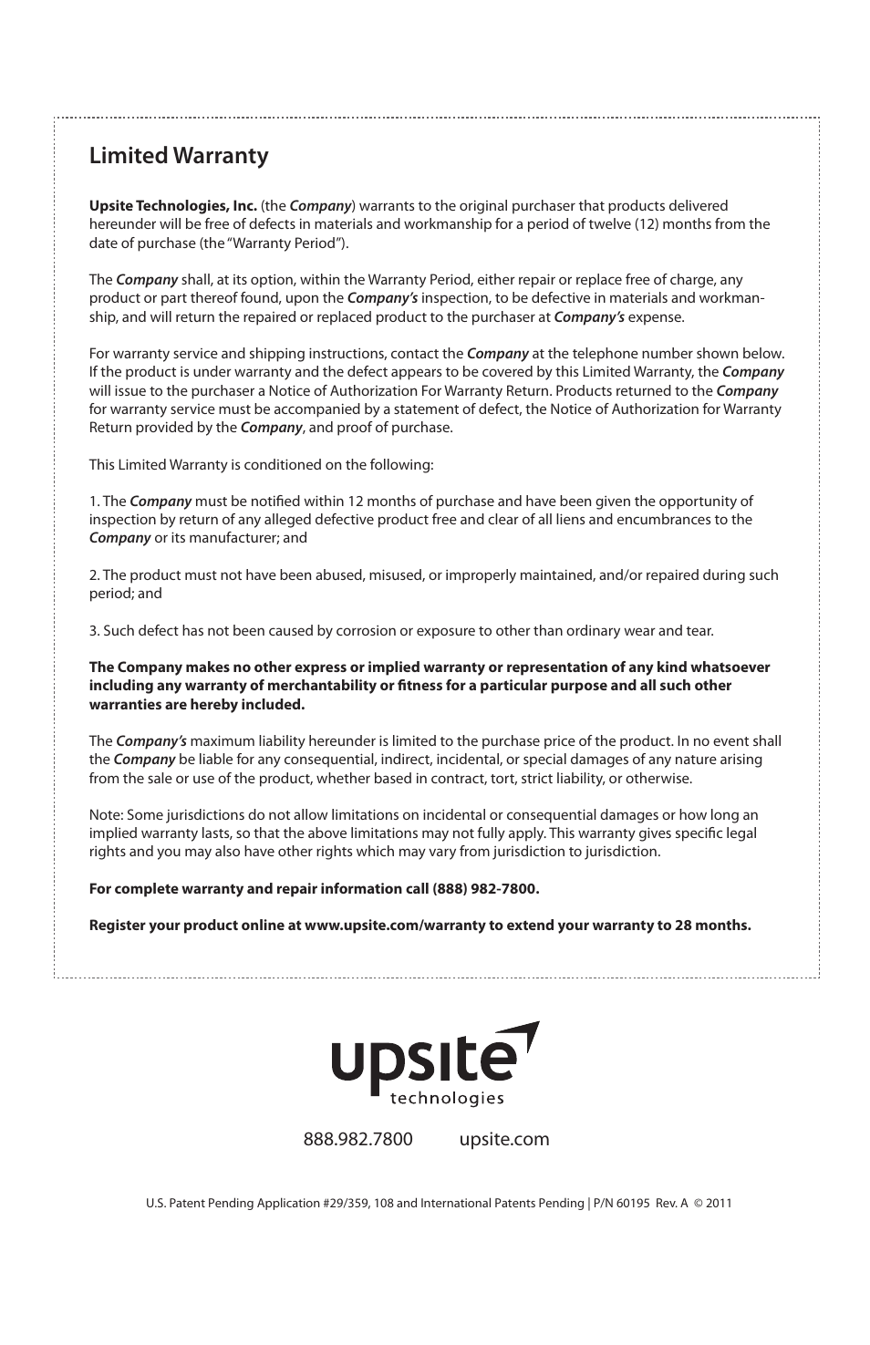 Limited warranty | Upsite 20101 Wave Cover User Manual | Page 6 / 6