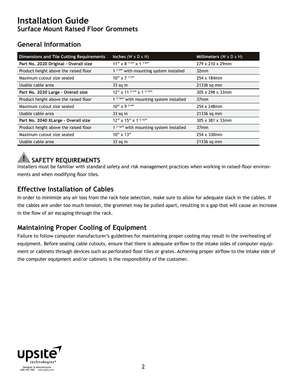 Installation guide, Effective installation of cables, Maintaining proper cooling of equipment | Safety requirements | Upsite 2040 Surface Mount XLarge Grommet User Manual | Page 2 / 7