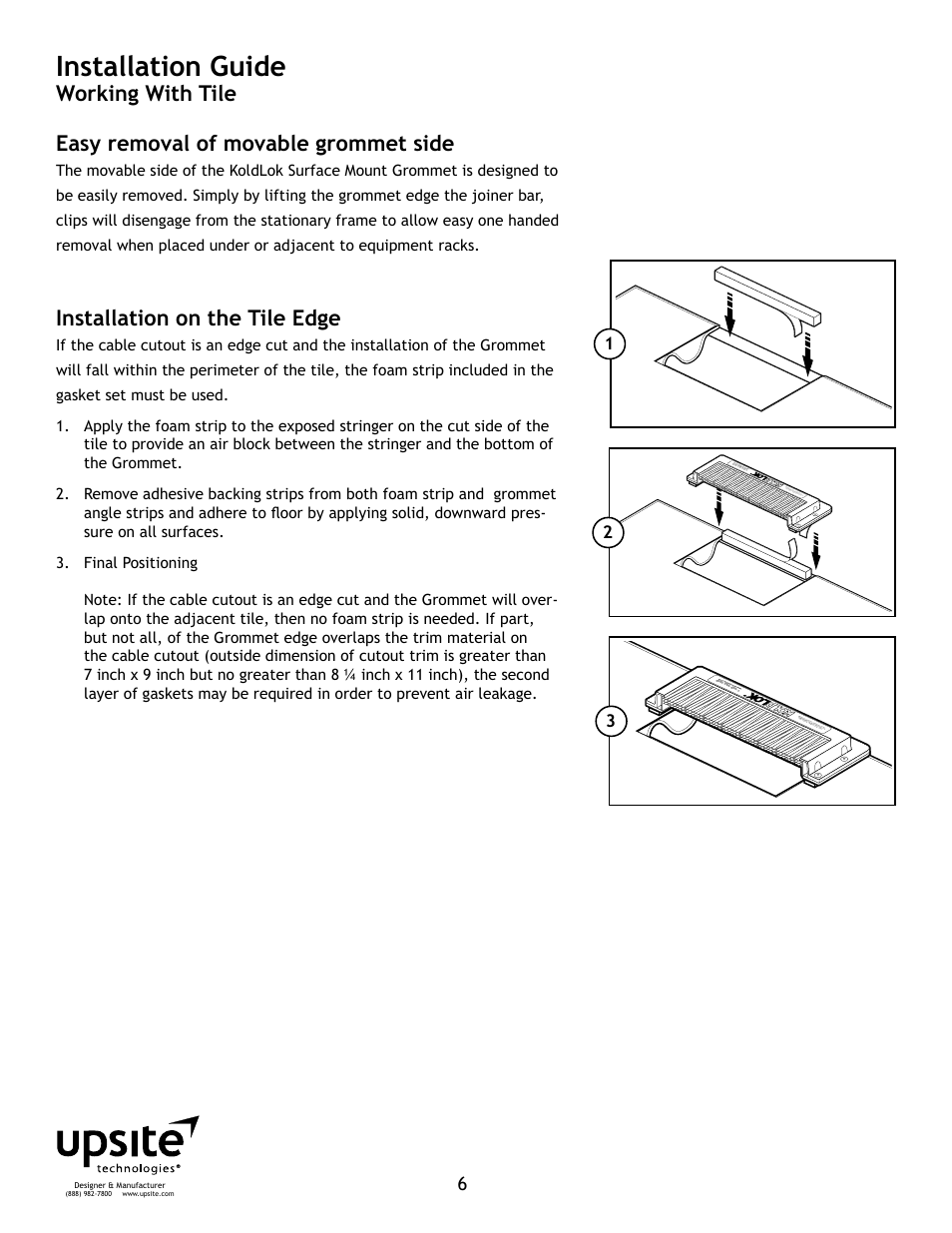 Installation guide, Installation on the tile edge | Upsite 2040 Surface Mount XLarge Grommet User Manual | Page 6 / 7