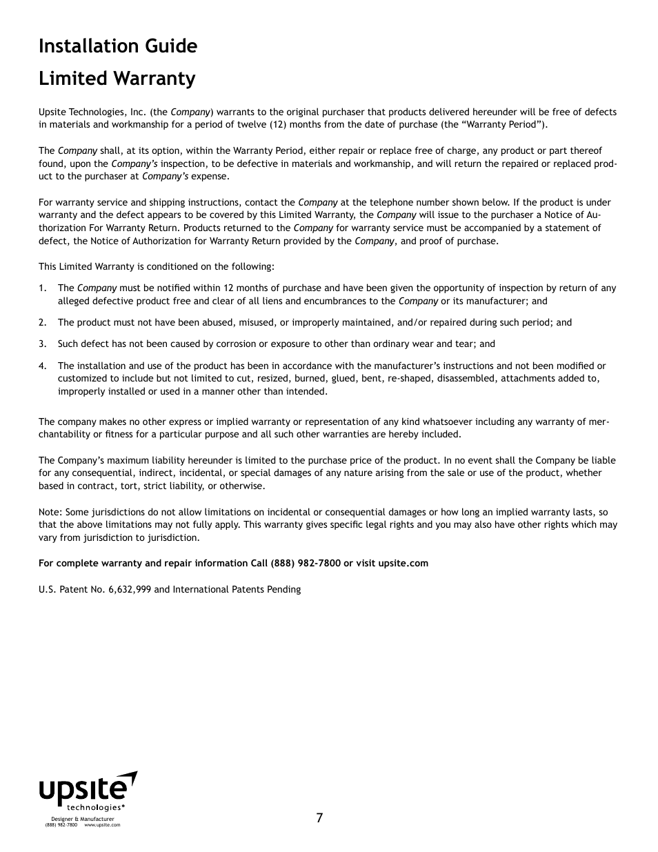 Installation guide limited warranty | Upsite 2040 Surface Mount XLarge Grommet User Manual | Page 7 / 7