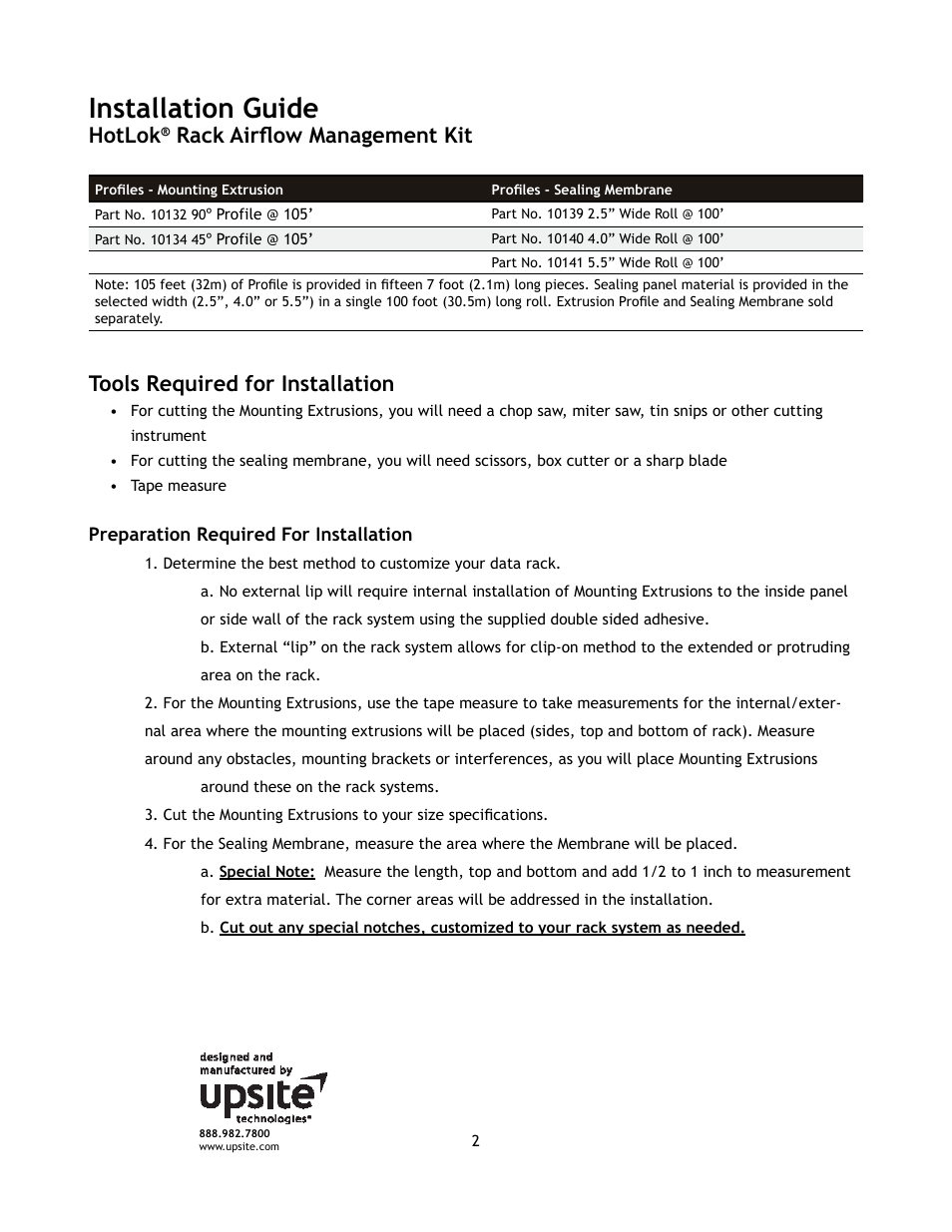 Installation guide, Hotlok | Upsite 10132 RAM Kit 90 Extrusion & Sealing Membrane User Manual | Page 2 / 6