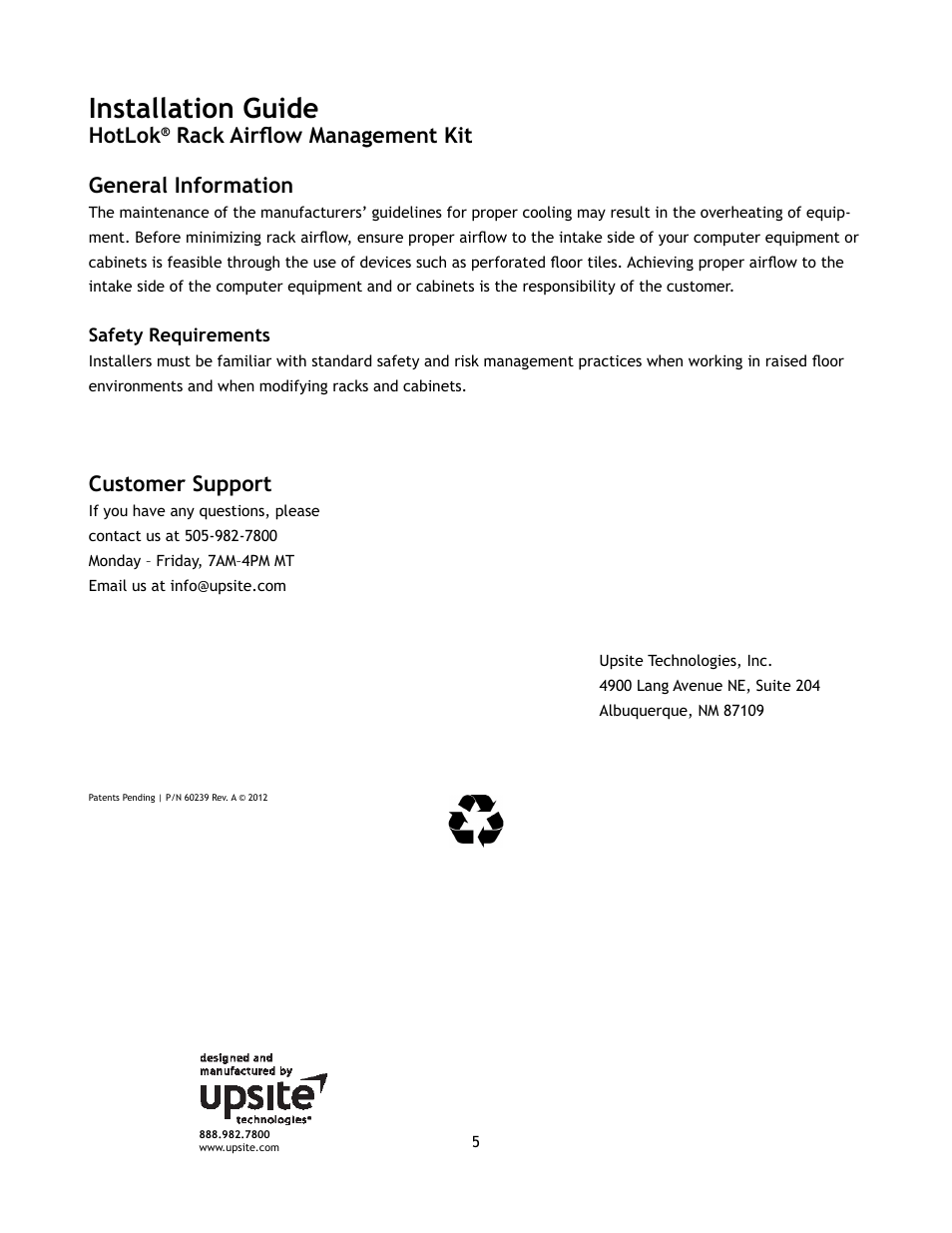 Installation guide, Hotlok, Rack airflow management kit general information | Customer support | Upsite 10132 RAM Kit 90 Extrusion & Sealing Membrane User Manual | Page 5 / 6