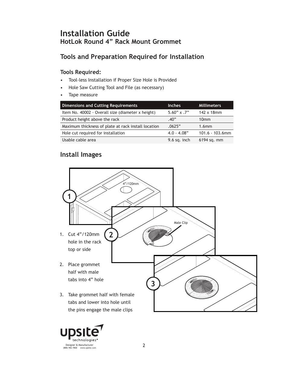 Installation guide | Upsite 40002 Round 4 Rack Mount Grommet User Manual | Page 2 / 5