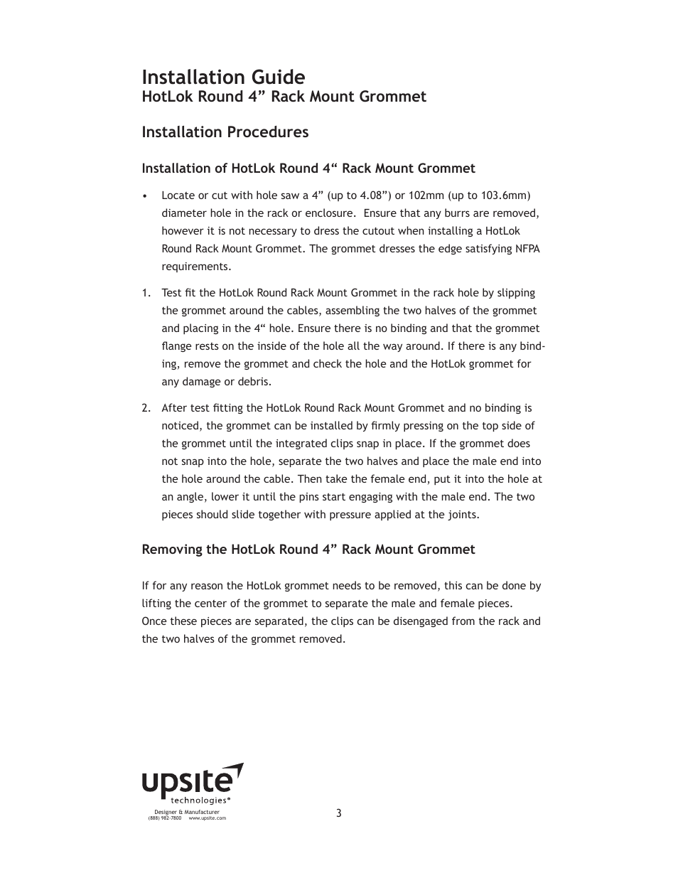 Installation guide | Upsite 40002 Round 4 Rack Mount Grommet User Manual | Page 3 / 5