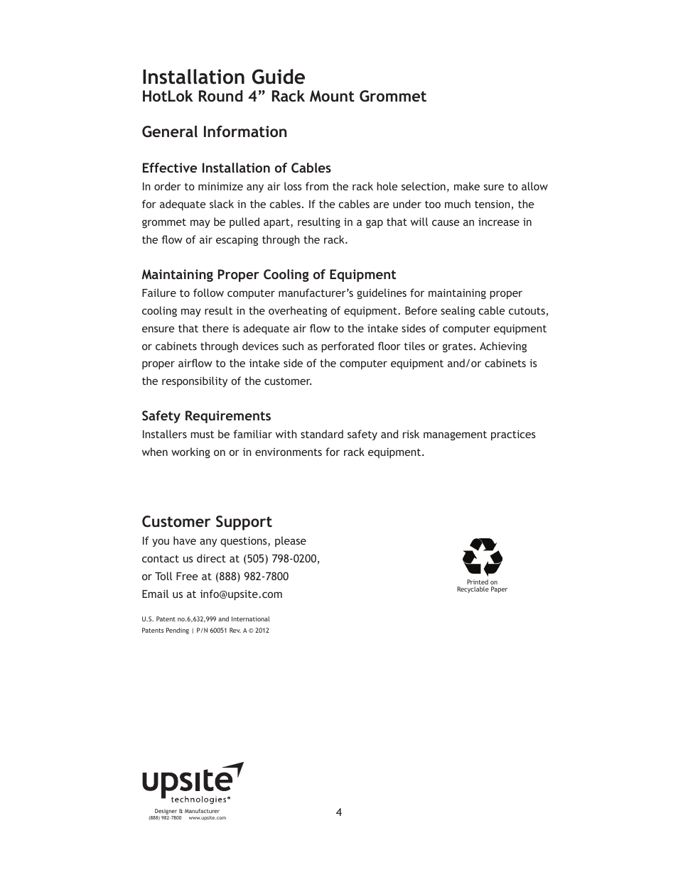 Installation guide | Upsite 40002 Round 4 Rack Mount Grommet User Manual | Page 4 / 5