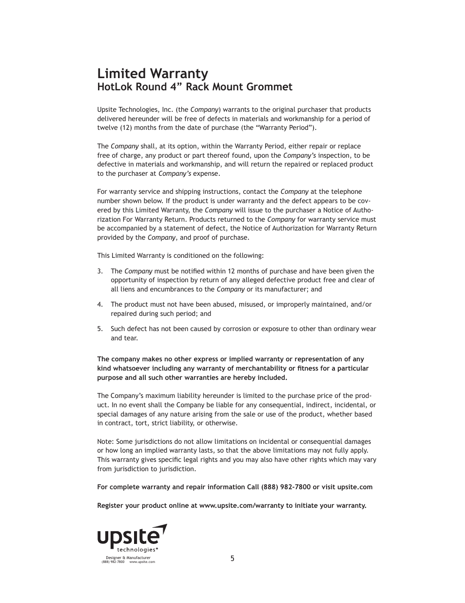 Limited warranty, Hotlok round 4” rack mount grommet | Upsite 40002 Round 4 Rack Mount Grommet User Manual | Page 5 / 5