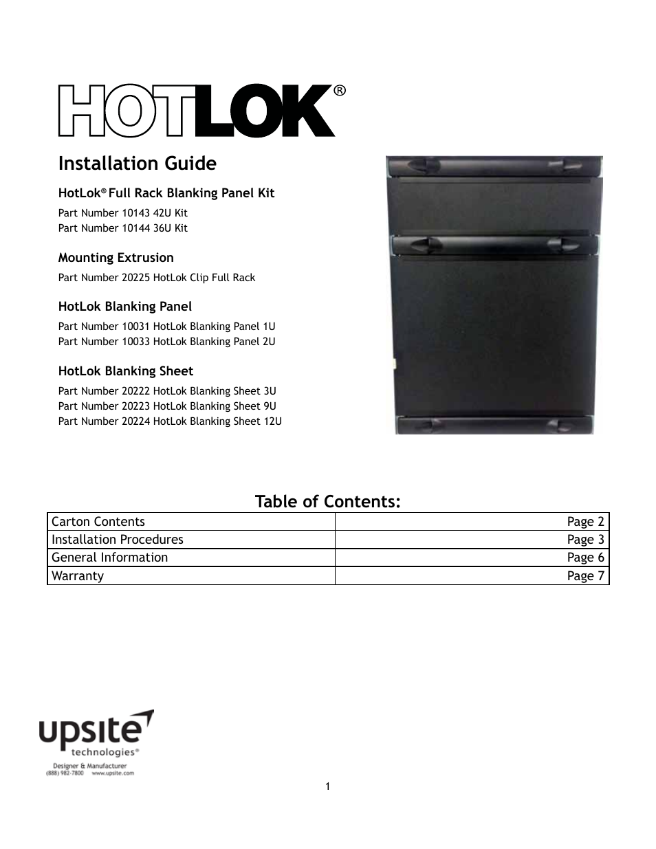 Upsite 10144 Full Rack Blanking Panel Kit – 36U User Manual | 7 pages