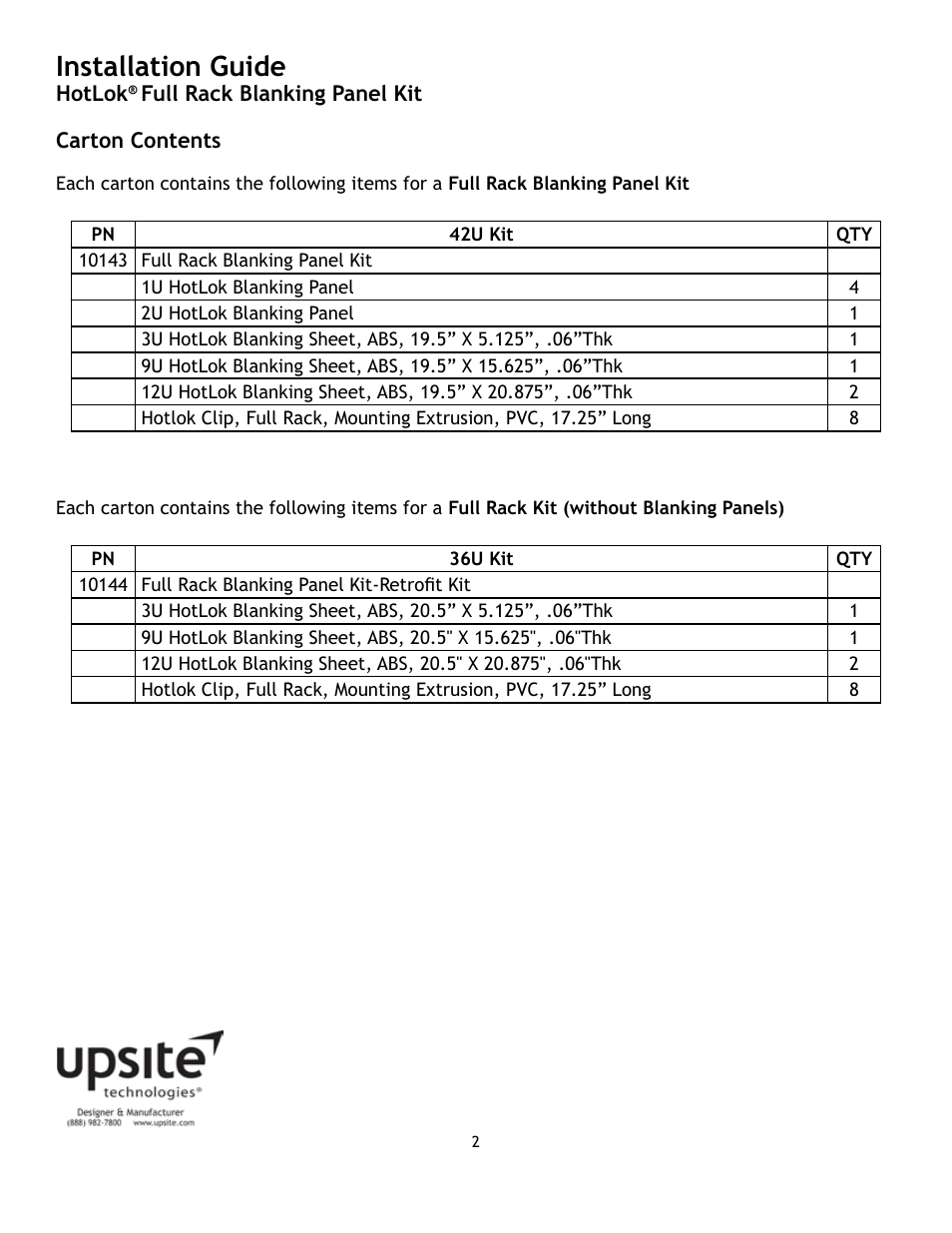 Installation guide | Upsite 10144 Full Rack Blanking Panel Kit – 36U User Manual | Page 2 / 7