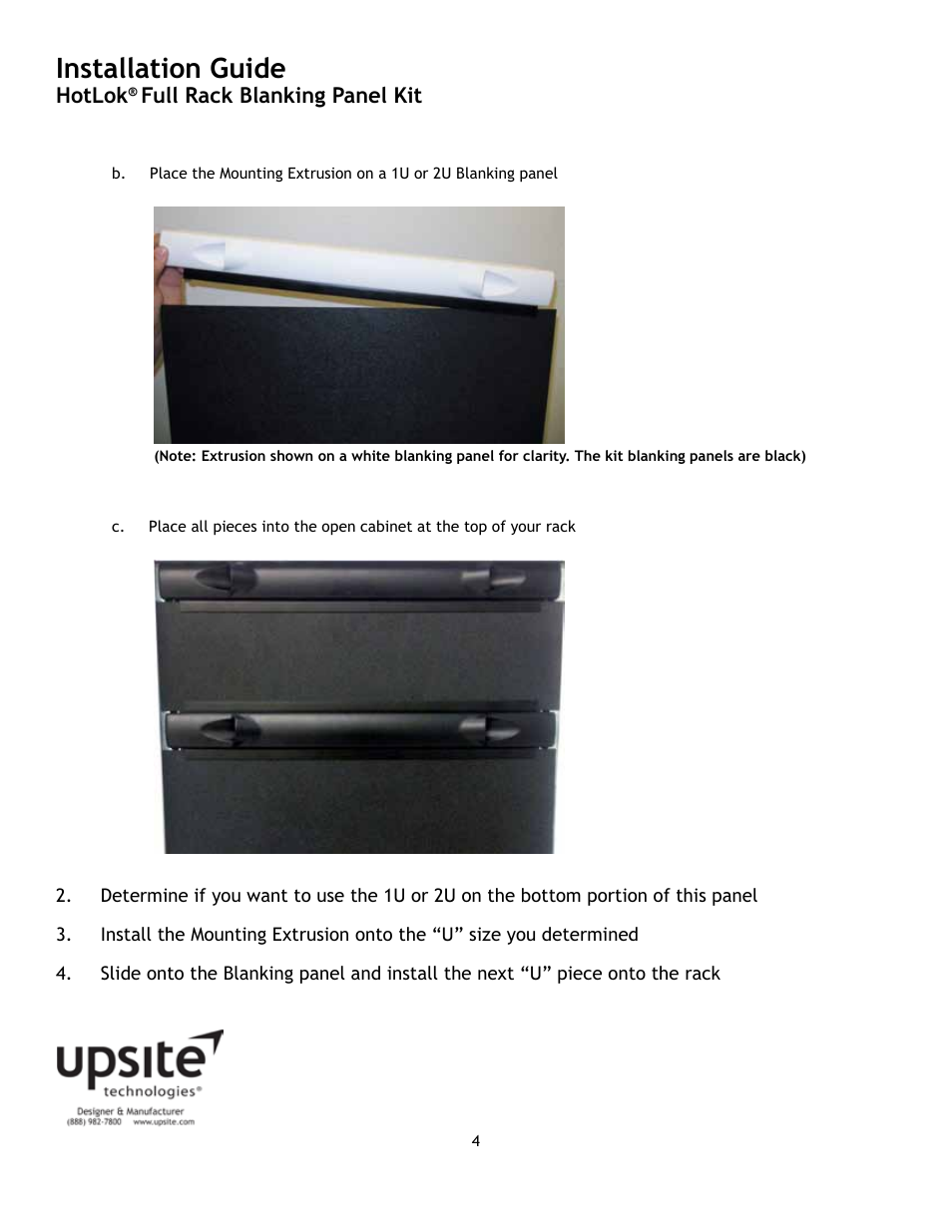Installation guide, Hotlok, Full rack blanking panel kit | Upsite 10144 Full Rack Blanking Panel Kit – 36U User Manual | Page 4 / 7