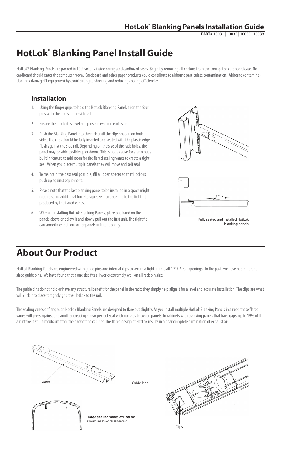 Upsite 10038 Blanking Panel with Temperature Strip – 2U User Manual | 1 page