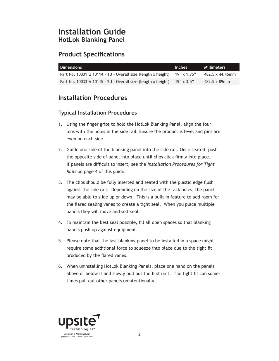 Installation guide, Hotlok blanking panel product specifications, Installation procedures | Upsite 10033 Blanking Panel – 2U User Manual | Page 2 / 6