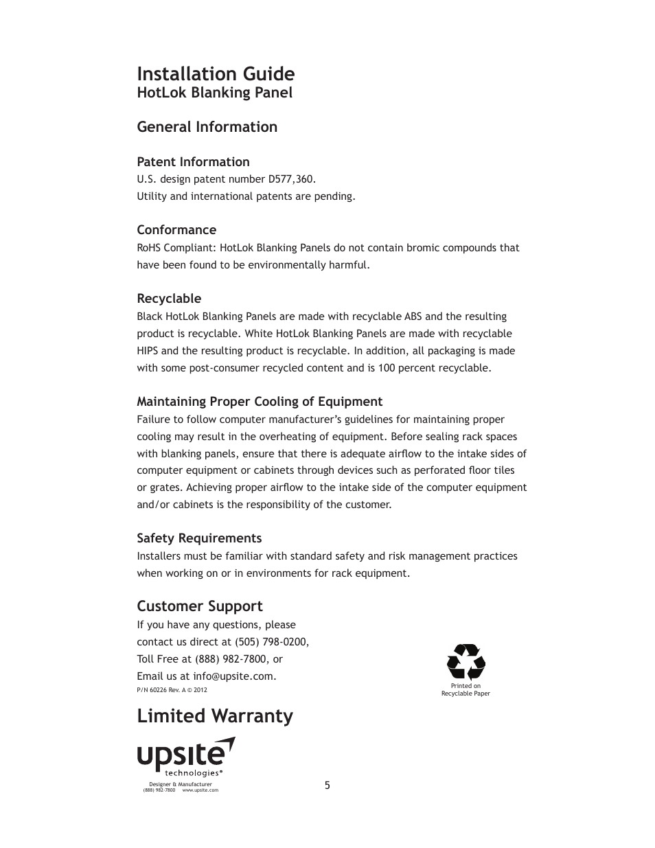 Installation guide, Limited warranty, Hotlok blanking panel general information | Customer support | Upsite 10033 Blanking Panel – 2U User Manual | Page 5 / 6