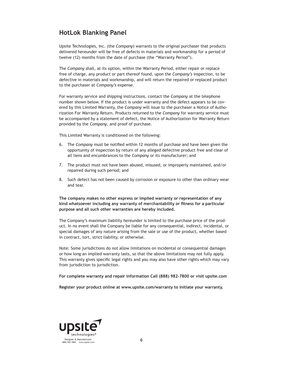 Hotlok blanking panel | Upsite 10033 Blanking Panel – 2U User Manual | Page 6 / 6