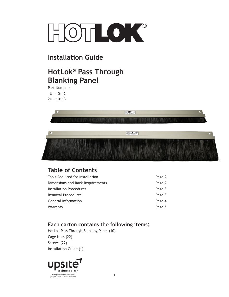 Upsite 10113 Pass Through Blanking Panel – 2U User Manual | 5 pages