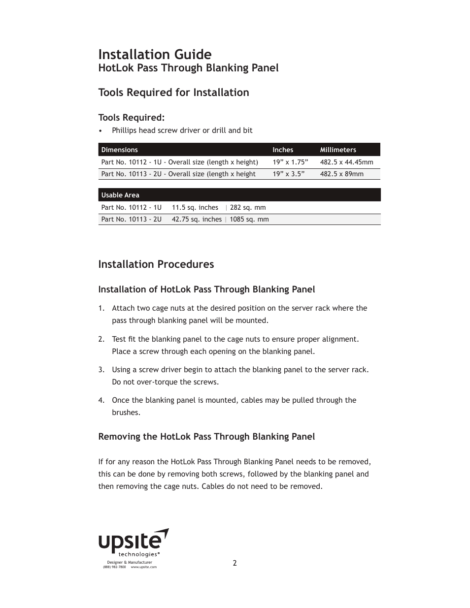 Installation guide, Installation procedures | Upsite 10113 Pass Through Blanking Panel – 2U User Manual | Page 2 / 5