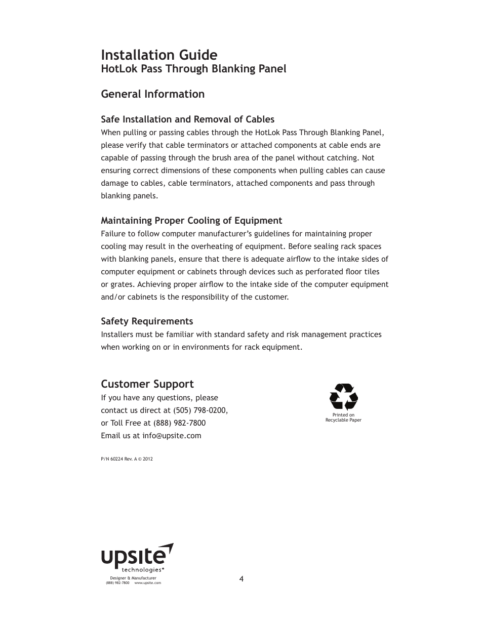 Installation guide, Customer support | Upsite 10113 Pass Through Blanking Panel – 2U User Manual | Page 4 / 5