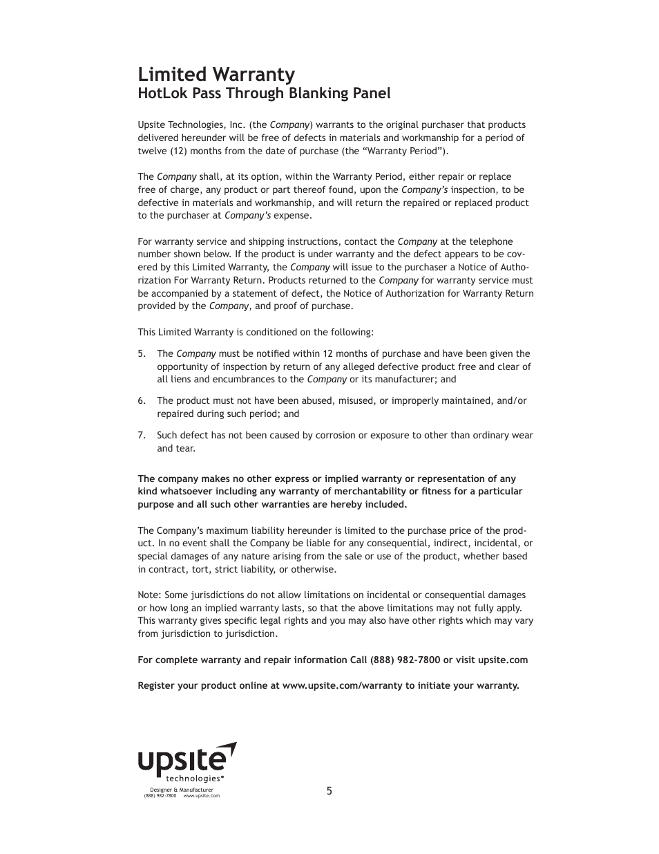 Limited warranty, Hotlok pass through blanking panel | Upsite 10113 Pass Through Blanking Panel – 2U User Manual | Page 5 / 5