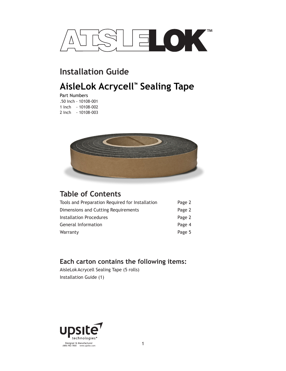 Upsite 10108-001 Acrycell Sealing Tape User Manual | 5 pages