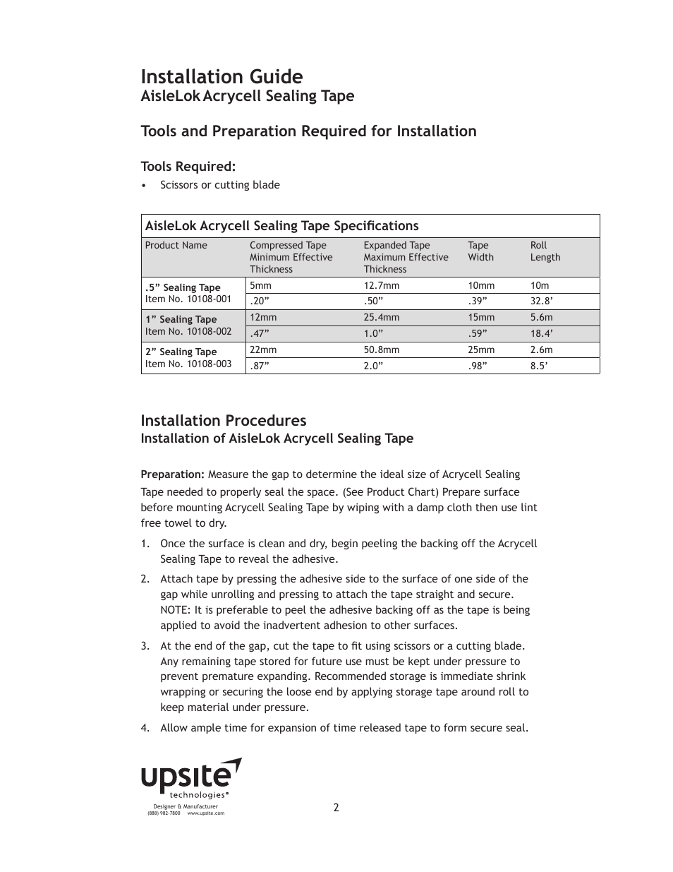 Installation guide, Aislelok, Installation procedures | Upsite 10108-001 Acrycell Sealing Tape User Manual | Page 2 / 5