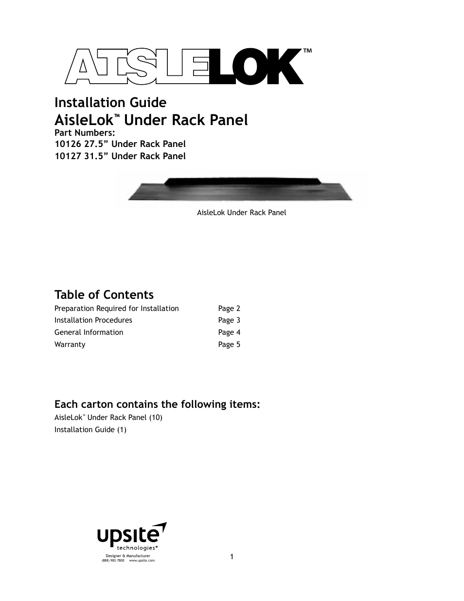 Upsite 10126 Under Rack Panel User Manual | 5 pages