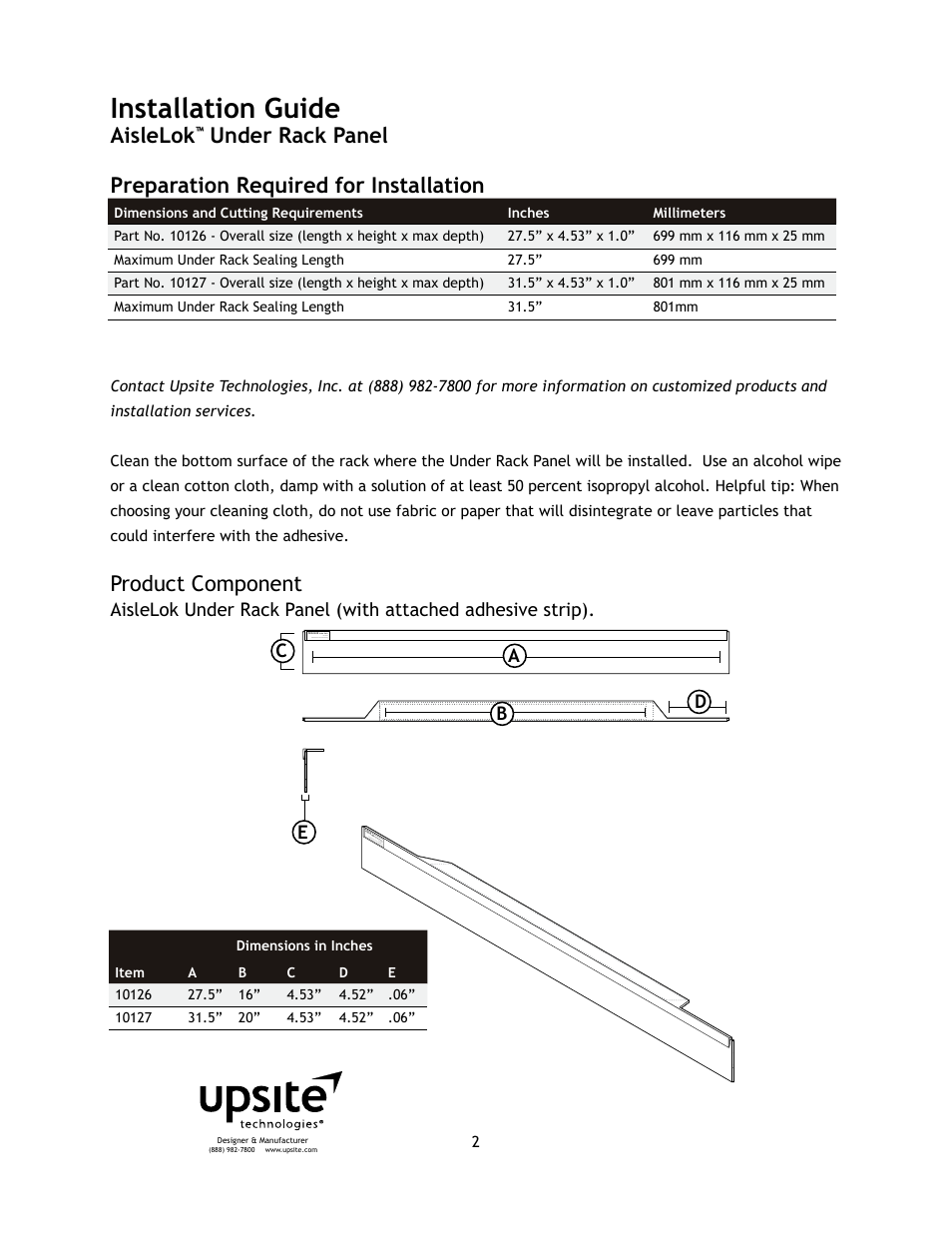 Installation guide, Aislelok, Product component | Ad c e b | Upsite 10126 Under Rack Panel User Manual | Page 2 / 5