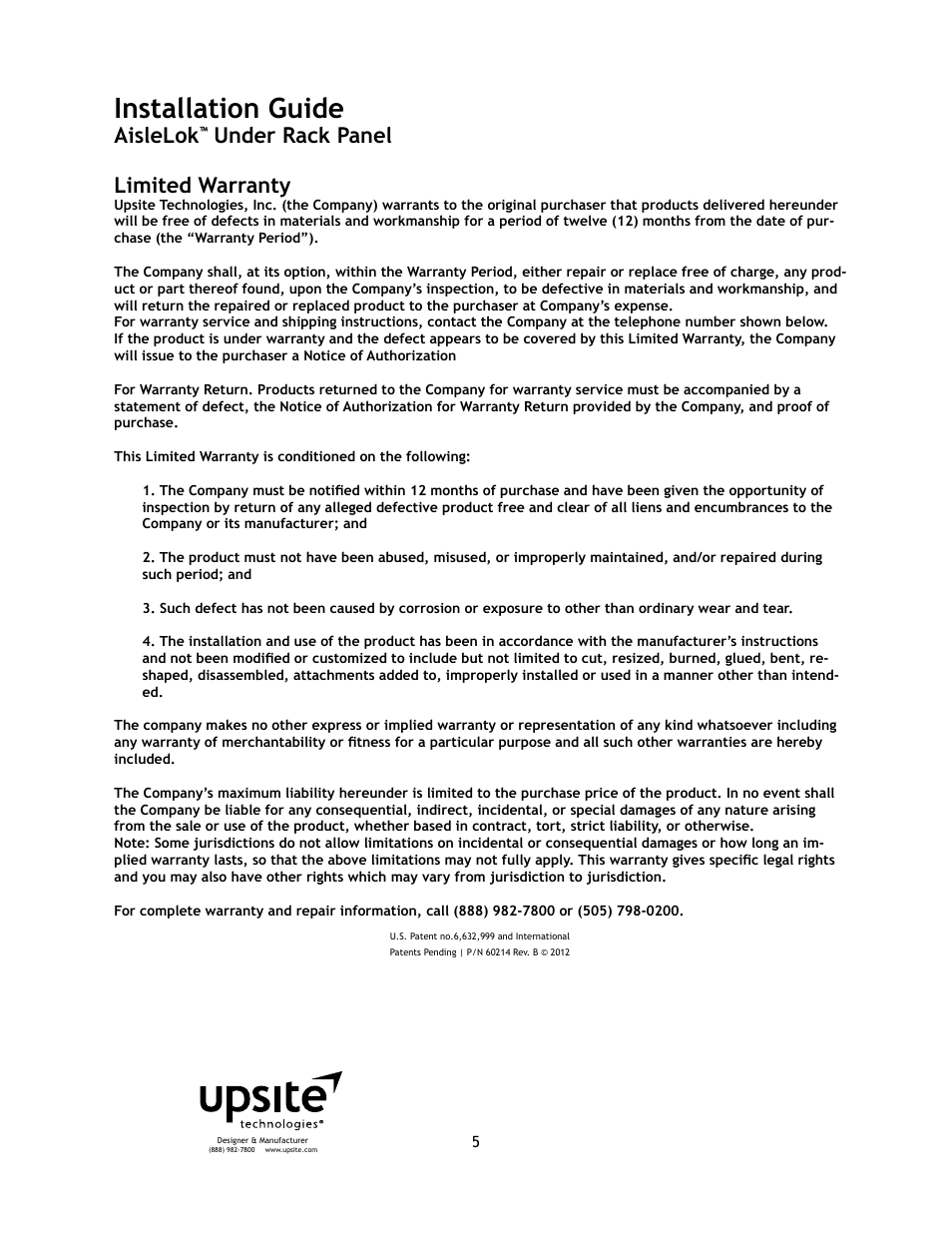 Installation guide, Aislelok, Under rack panel limited warranty | Upsite 10126 Under Rack Panel User Manual | Page 5 / 5