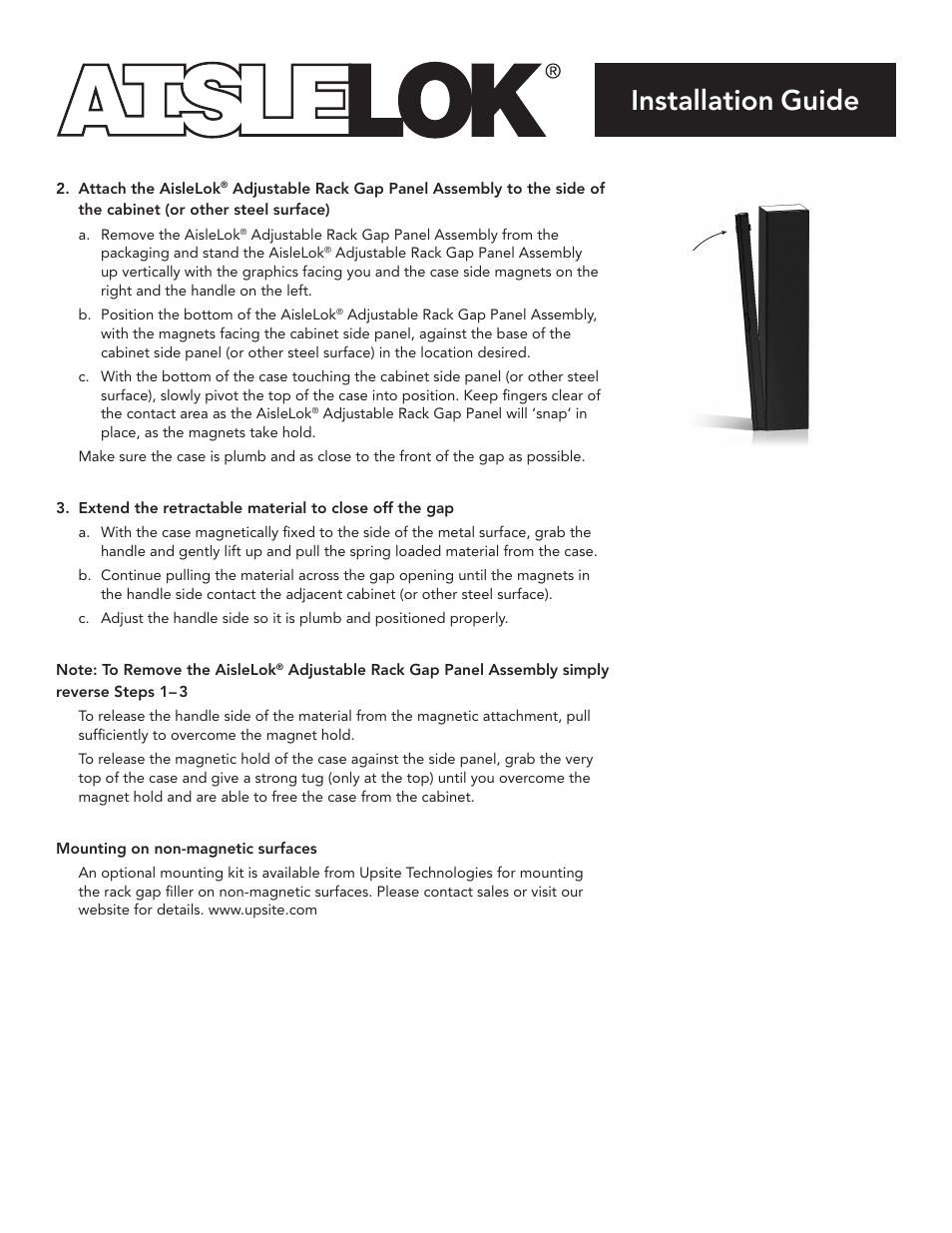 Installation guide | Upsite 10164 Adjustable Rack Gap Panel User Manual | Page 2 / 3